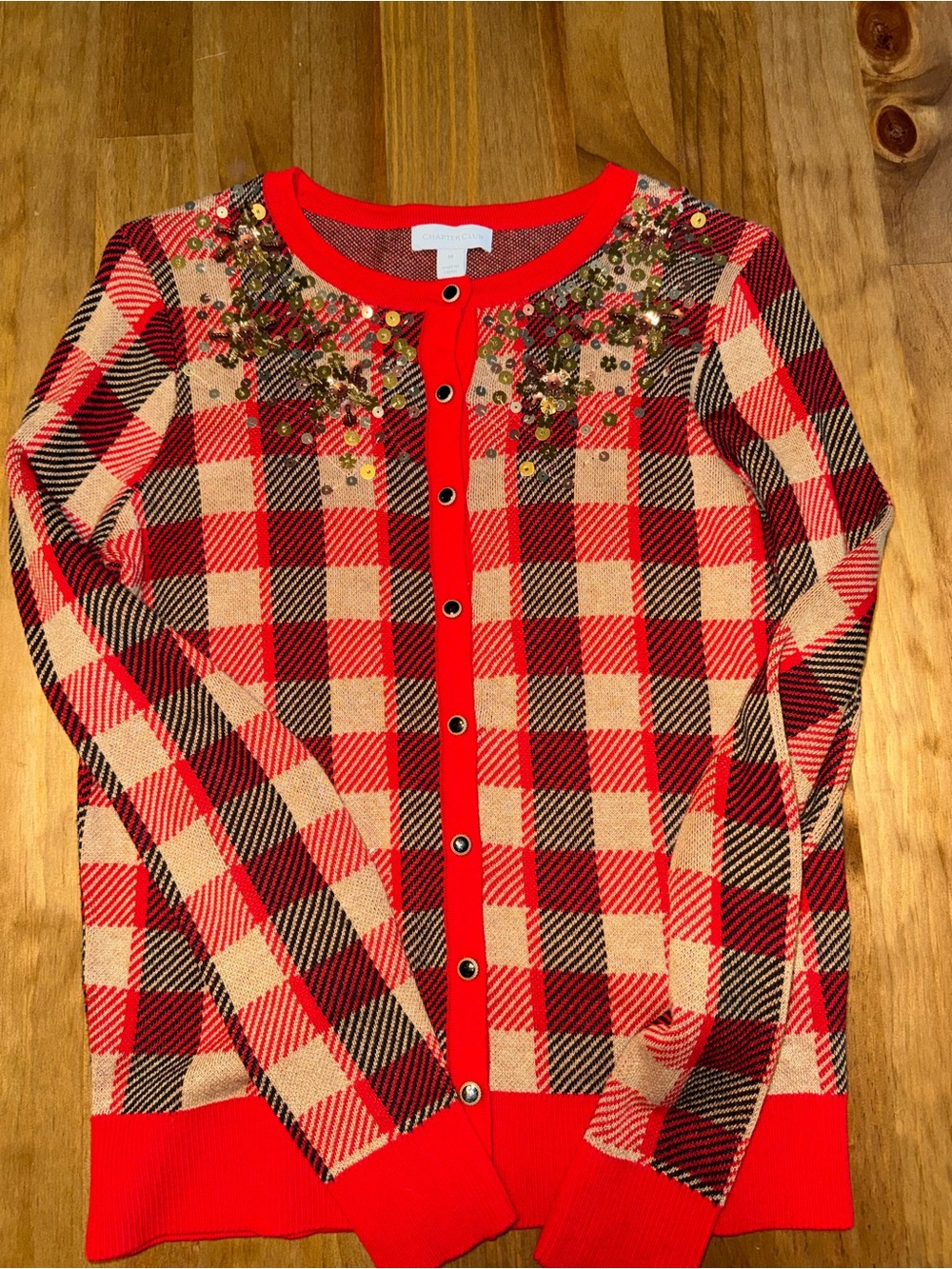 Charter Club Red Plaid Beaded Cardigan
